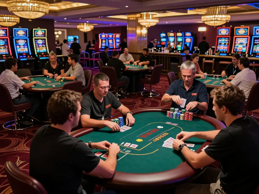 Players enjoying a thrilling game of poker at an upscale casino featuring SC88 tables, vibrant atmosphere and engaging dealer.