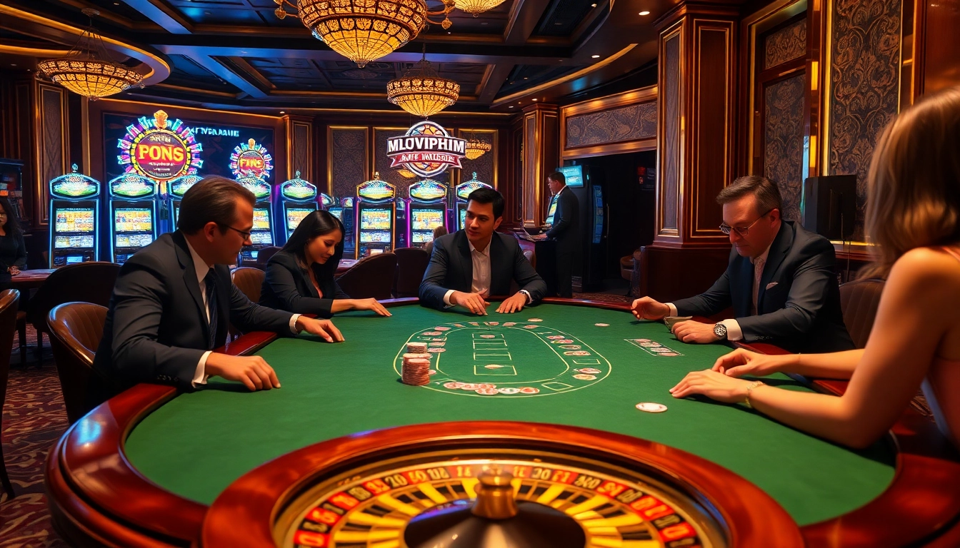 Gambling excitement at a luxurious casino, highlighting newphim along with vibrant poker chips and elegant gameplay.