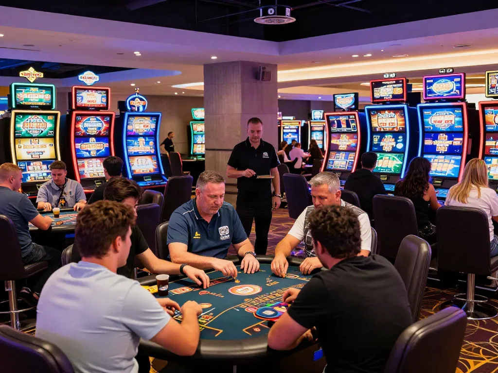 Players enjoying diverse games at vibrant gambling sites not on gamstop, lively casino atmosphere.