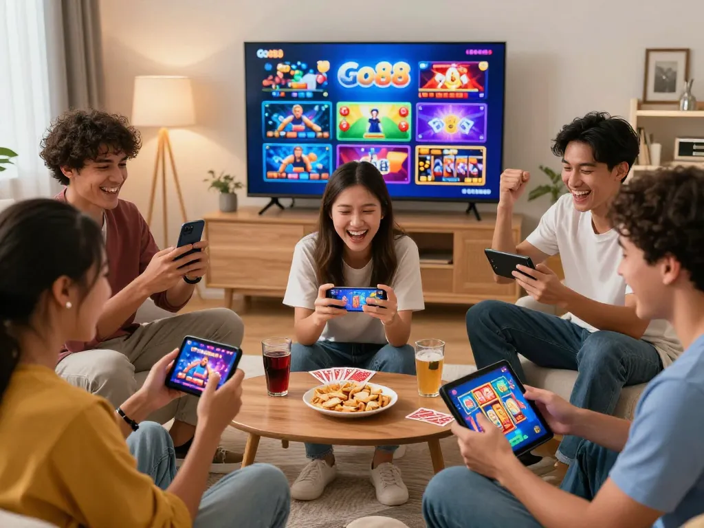 Diverse group enjoying gaming on https://go-88.us.com/ with mobile devices in an inviting living room atmosphere.