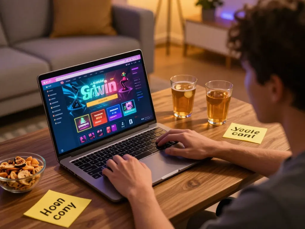 Person enjoys casino gaming on 98win com in a cozy home setting, showcasing stylish interactive gaming.