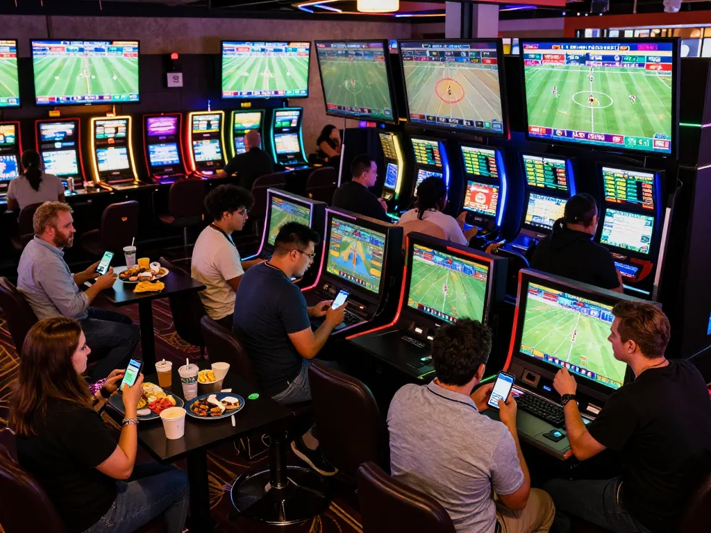 Sports bettors passionately assessing odds at keonhacaii88 in modern casino setup.