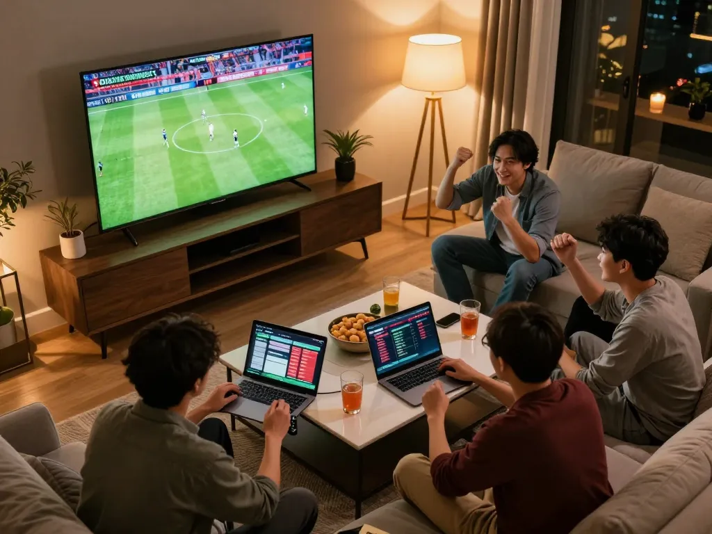 Friends strategizing sports bets on bong88 interface during an exciting game night.