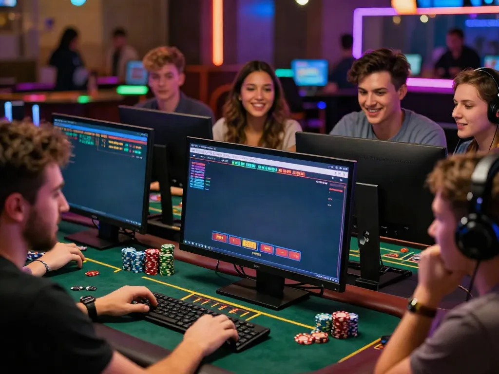 Exciting scene depicting gambling sites not on GamStop with friends engaging in online gaming.