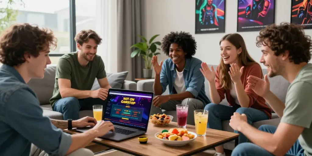 Friends enjoying gambling sites not on GamStop in a lively living room.
