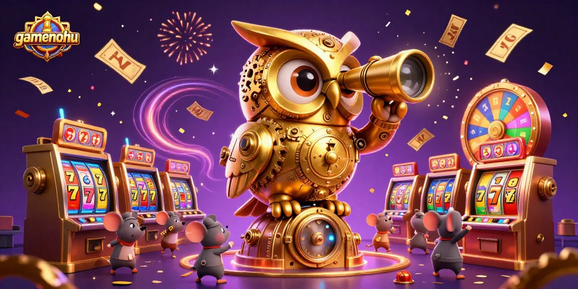 Experience the excitement of gamenohu as a clockwork owl oversees a vibrant casino scene filled with dynamic slot machines.