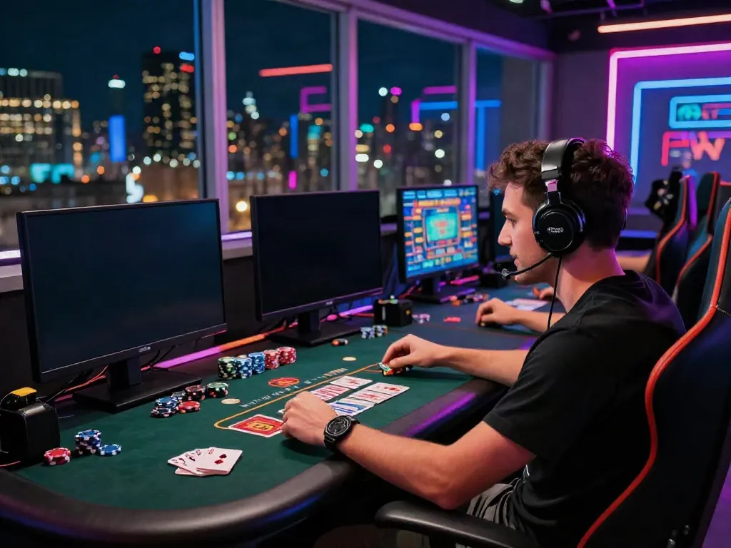 Dynamic gaming room with player exploring gambling sites not on gamstop, multiple screens, vibrant atmosphere