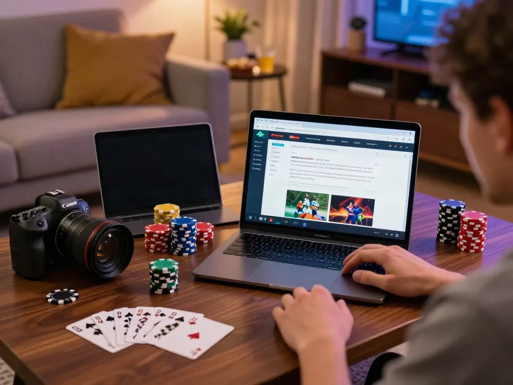 Exciting scene of a user exploring gambling sites not on GamStop in a cozy living room.