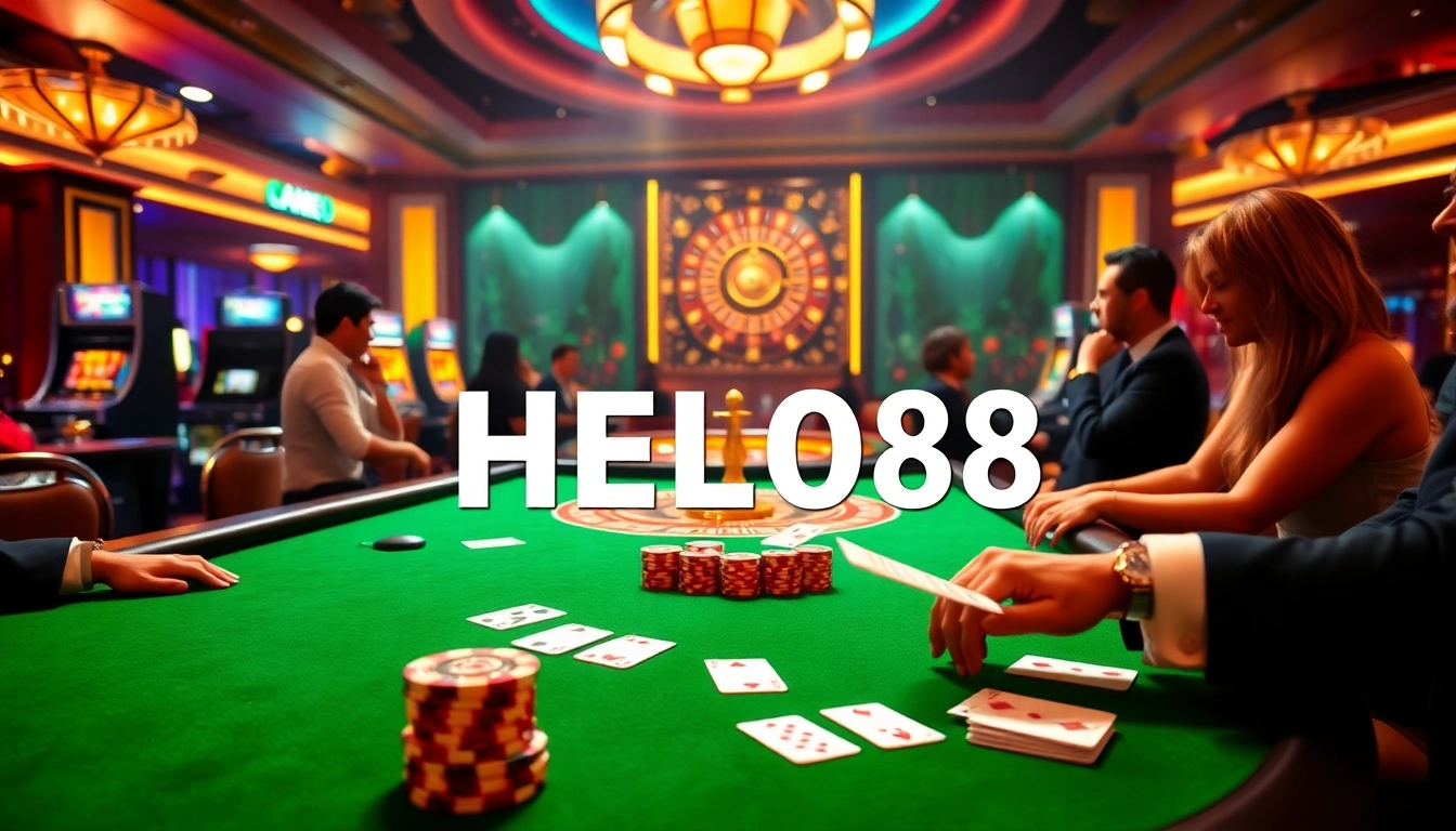 Experience HELO88 through an exciting casino atmosphere showcasing poker and roulette.