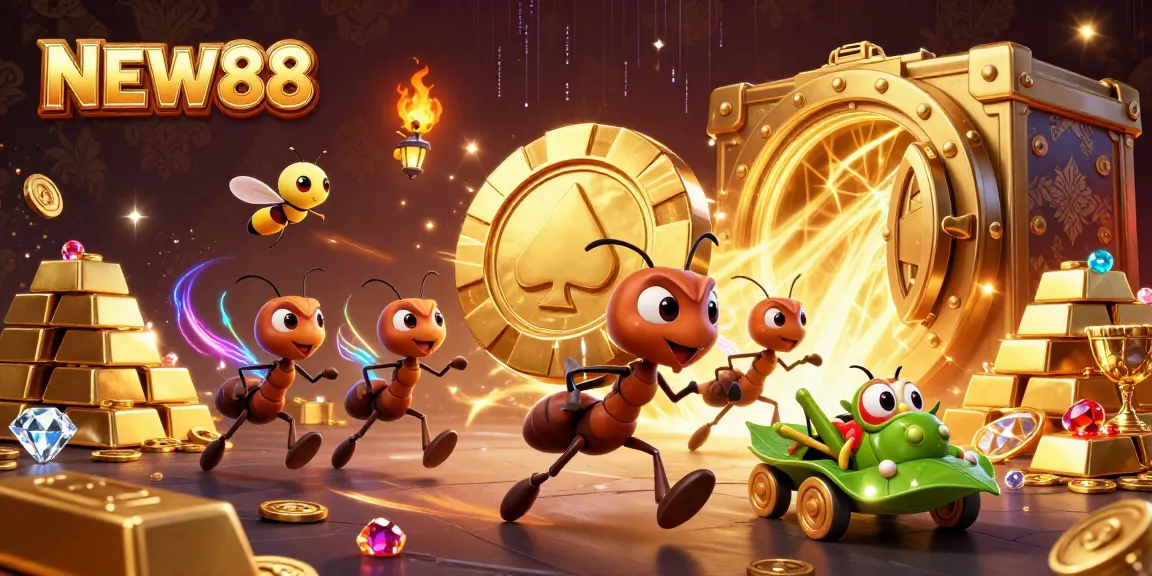 NEW88 showcases a thrilling heist scene with playful ants transporting a giant poker chip through a vibrant, treasure-filled tunnel.