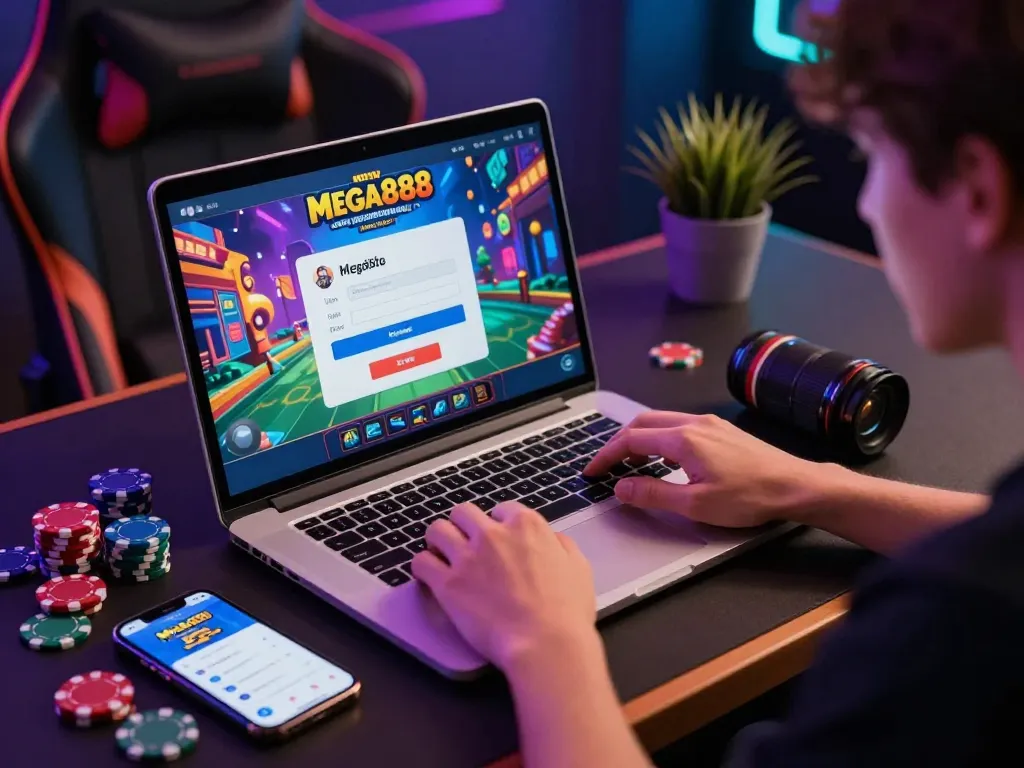 Engaging in online gaming with Mega888 login interface displayed, showcasing an exciting gaming setup.