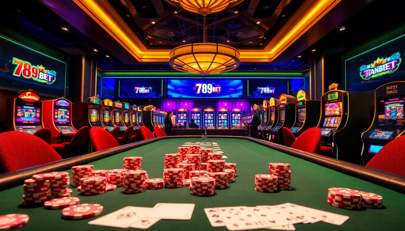 Exciting gaming at nhà cái 789BET with vibrant casino tables, cards, and chips.
