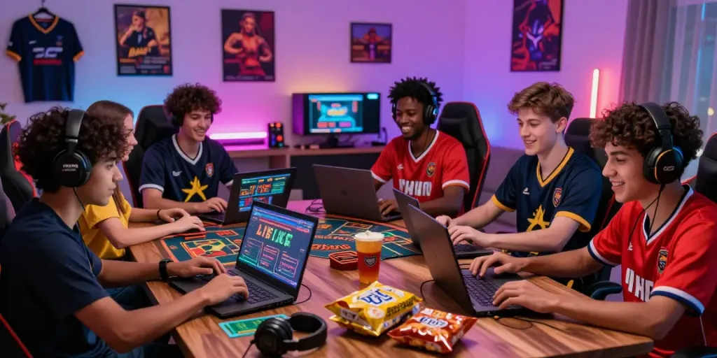 Friends enjoying live casino games from gambling sites not on gamstop in a cozy gaming room.