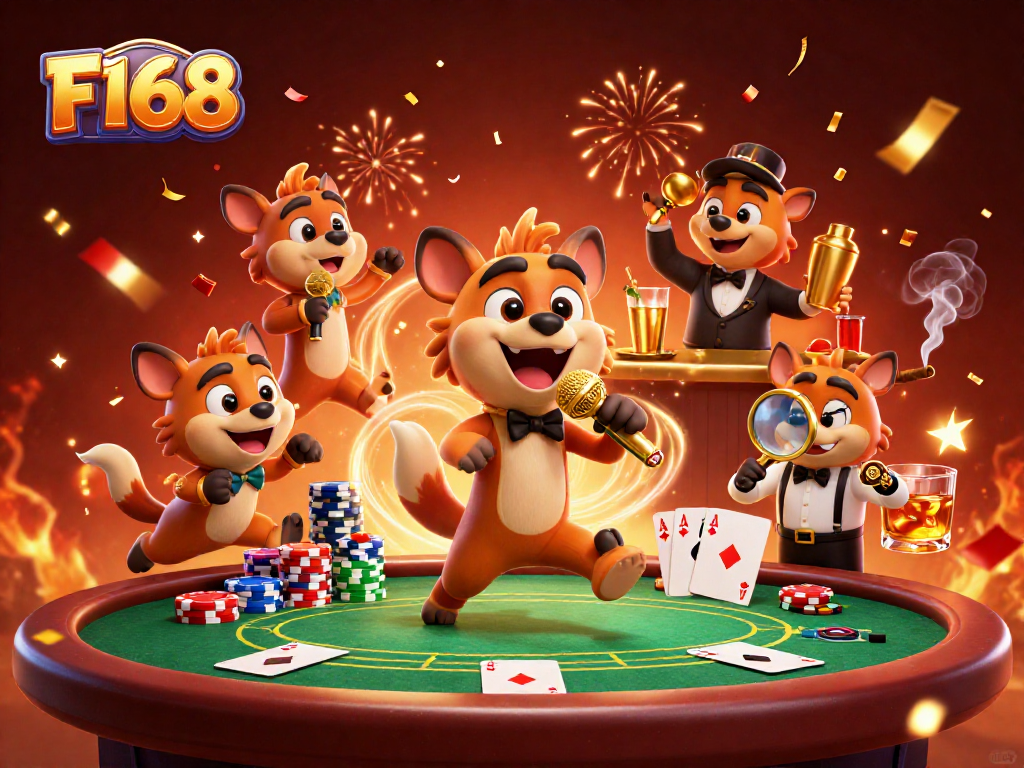 F168 hyena comedy casino illustration featuring bartending and stand-up elements.