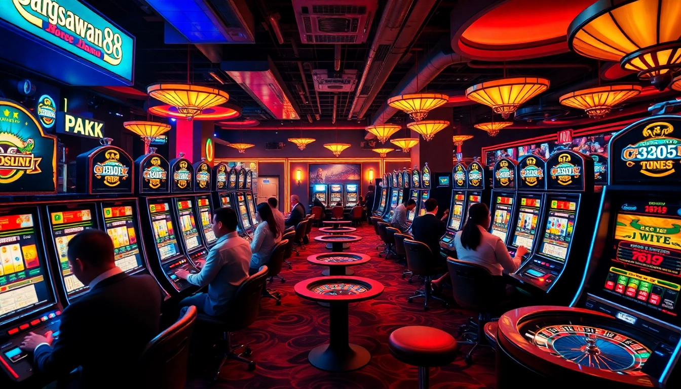 Engaged players enjoying vibrant slots at a luxury casino, showcasing bangsawan88 excitement.