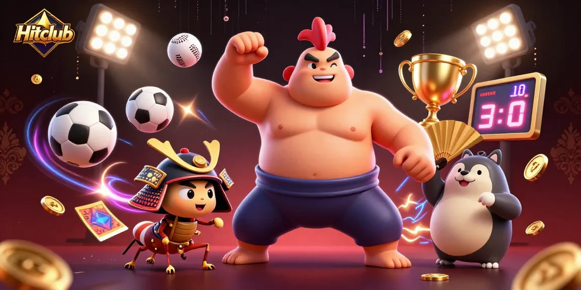 Engage in exciting bets at Hitclub as a powerful sumo rooster and fierce cricket battle in a dynamic casino scene.