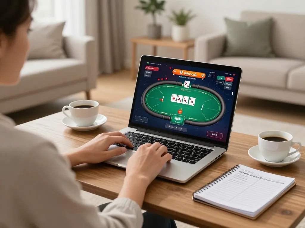 lu88 online casino gameplay in a cozy home setting with a laptop and strategy notes
