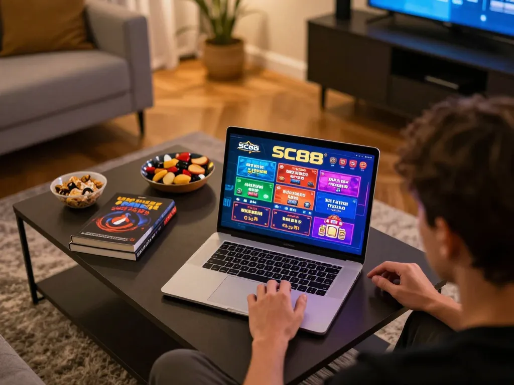 Engaging laptop interface for SC88 online gambling, showcasing colorful casino games and strategy notes
