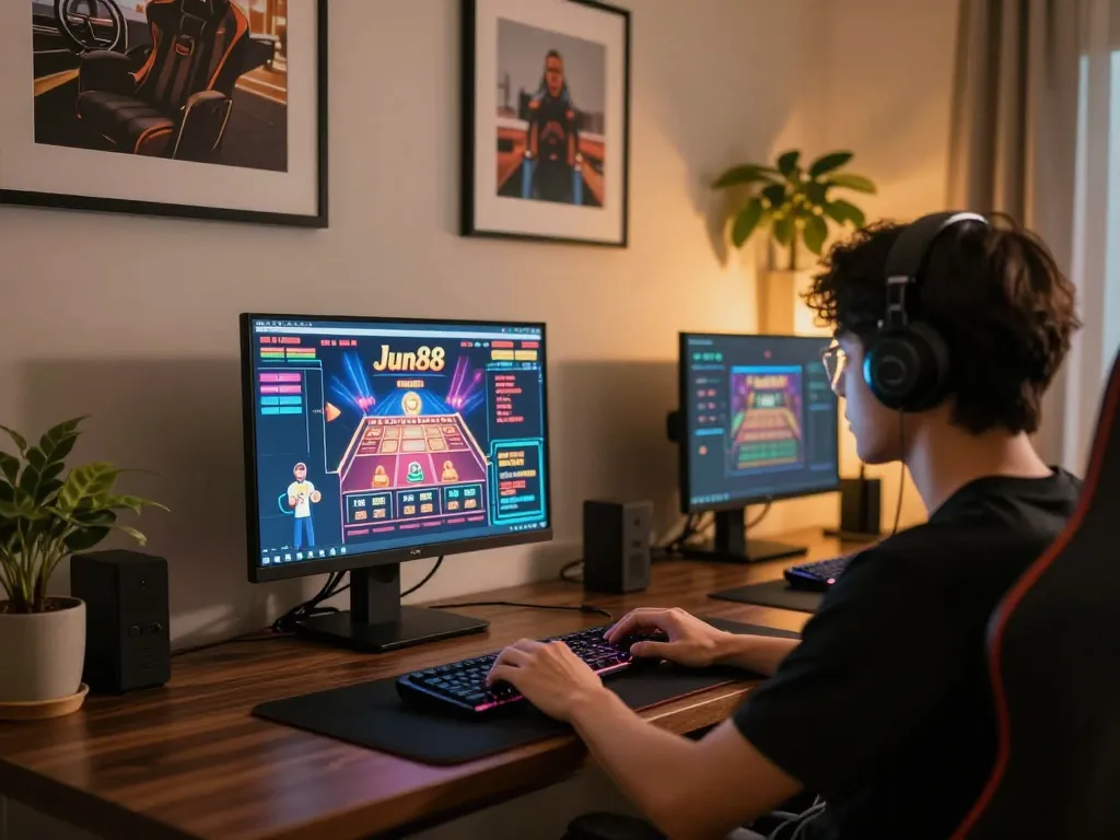 Play online casino games at Jun88 with engaging setup showcasing a laptop and cozy atmosphere