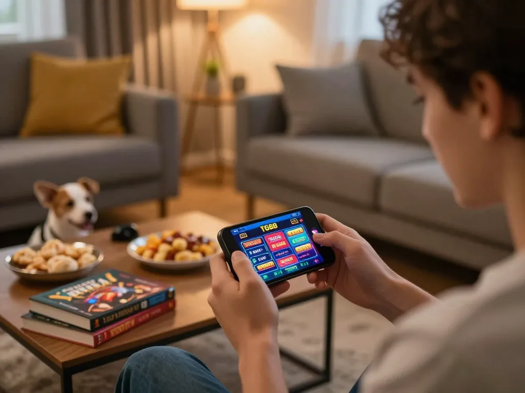 Experience the excitement of TG88 casino games on a smartphone in a cozy home setting.