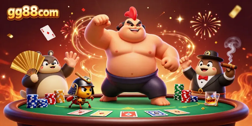 Engage in thrilling gameplay with gg88com featuring cartoon sumo wrestler, samurai cricket, and announcer at a dynamic poker scene.