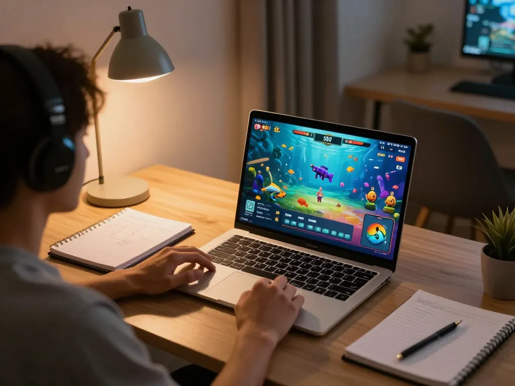 bắn cá đổi thưởng gameplay on a laptop in a cozy home office, showcasing strategy and excitement