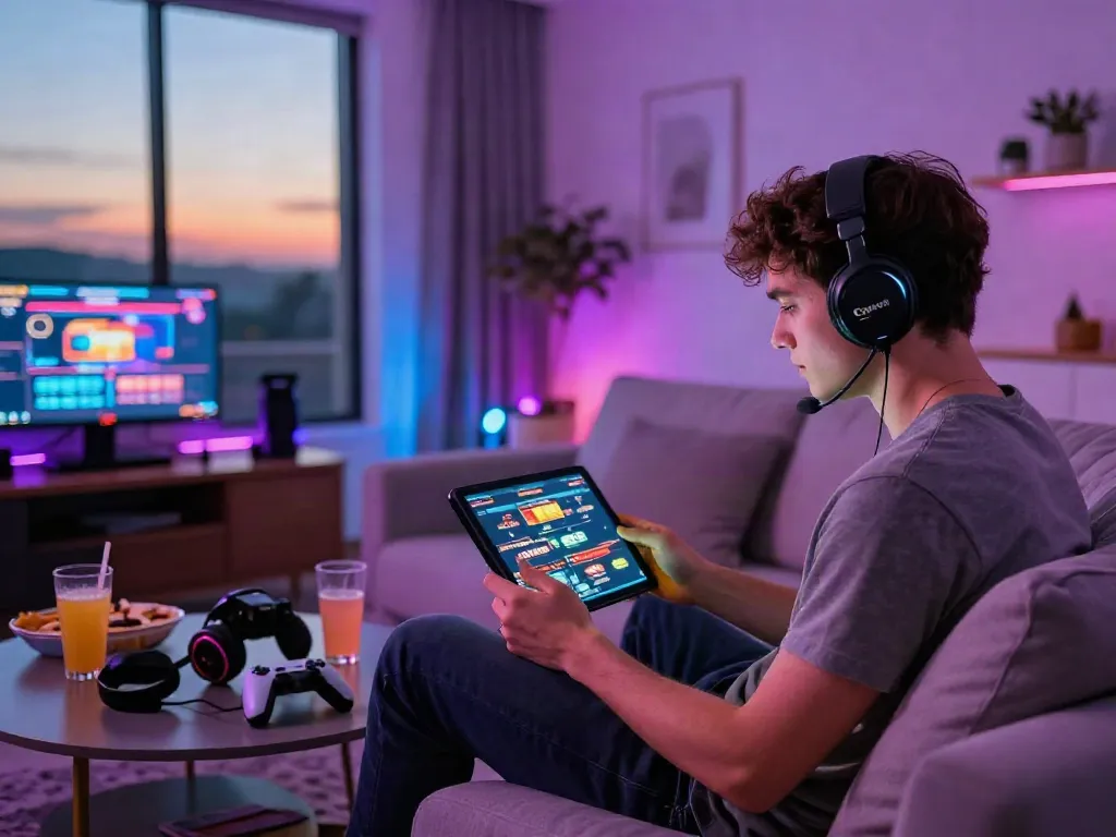 Engaging scene showcasing gambling sites not on GamStop on a tablet in a vibrant home setting.