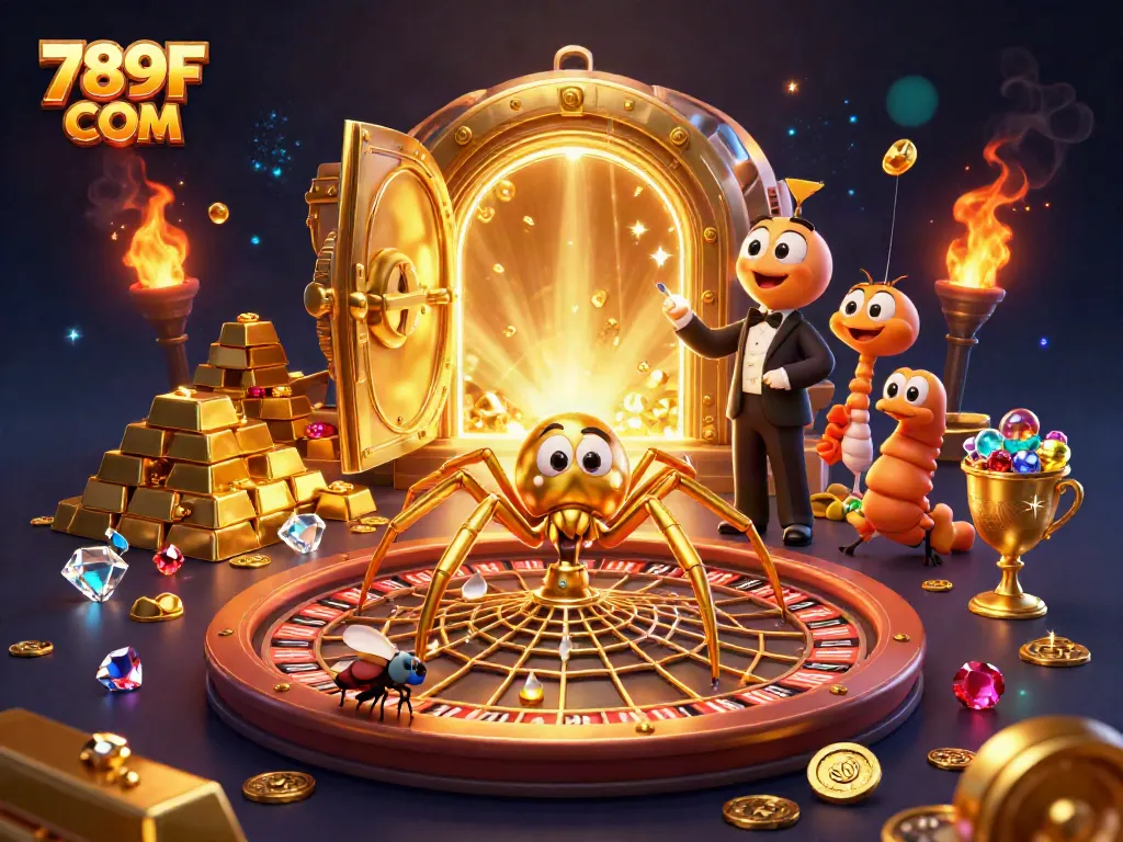 Experience thrilling bets at 789F COM with vibrant visuals of a spinning roulette web, golden treasures, and engaging characters.