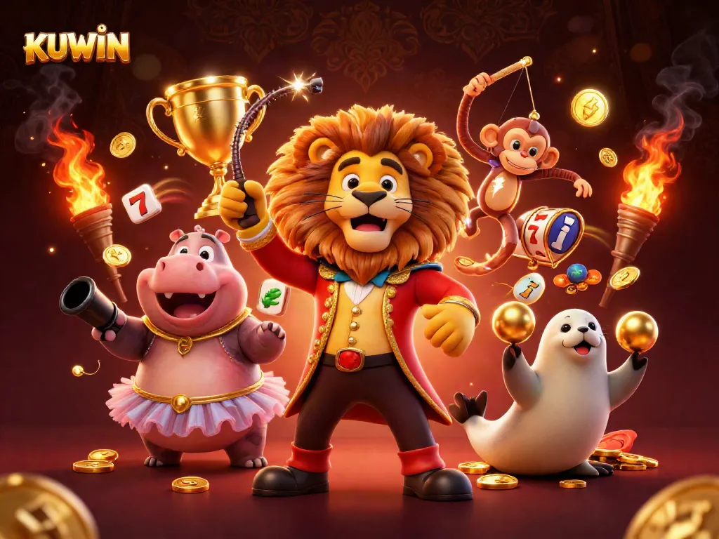 KUWIN slots come alive in a vibrant 3D scene with lively characters and casino elements.