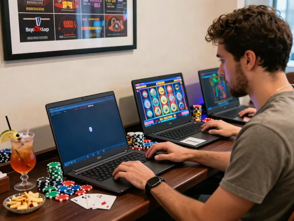 Player engaged in online gaming at gambling sites not on GamStop with vibrant lights and gaming accessories.