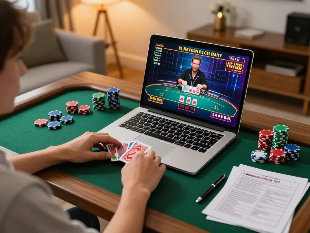 Player enjoying online casino games at new88 with laptop and poker chips in a cozy setting.