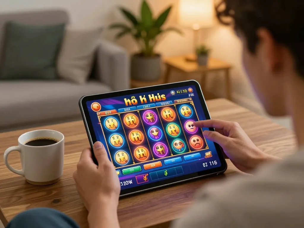 Engaging in nổ hũ slot game on tablet amidst a cozy home environment.