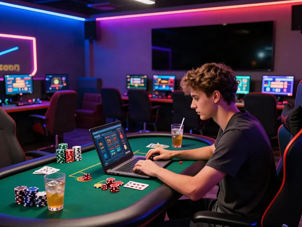 Exciting scene of a gamer using gambling sites not on GamStop in a modern gaming lounge.