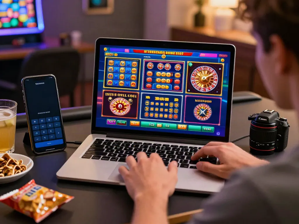 Player enjoying gambling sites not on GamStop at a colorful online gaming setup.