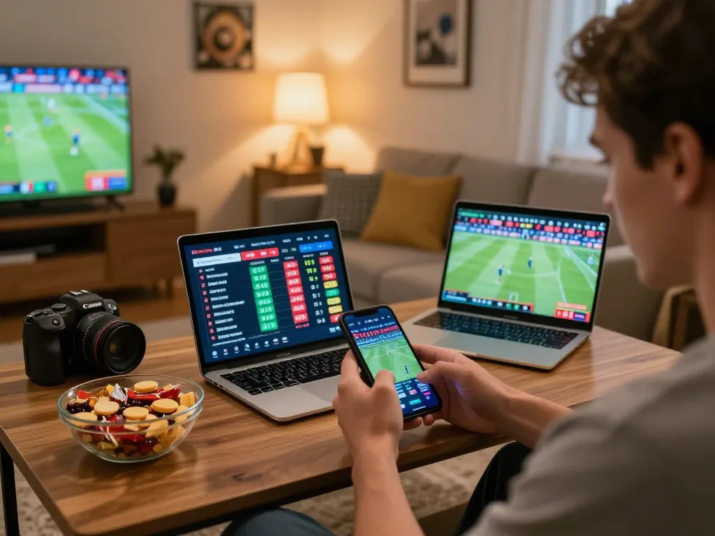 Person engaging in live sports betting on Hbet app in comfortable home setting.