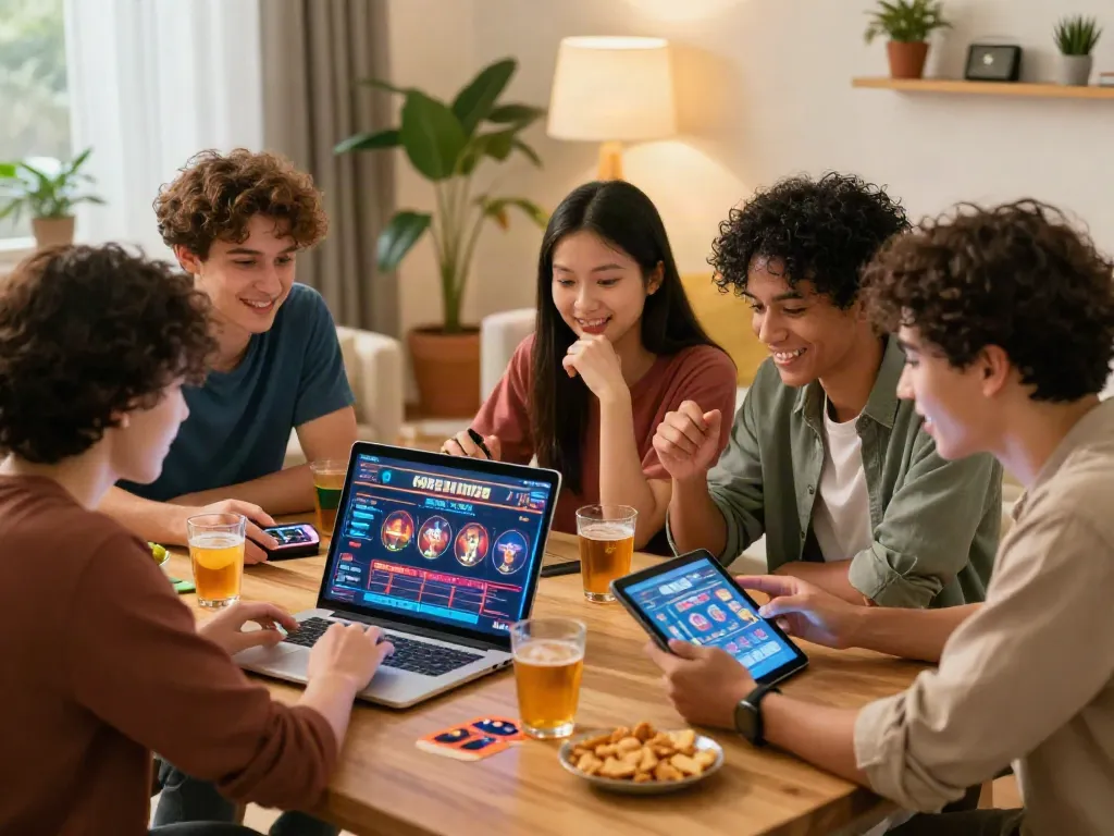 Engaging scene of friends exploring gambling sites not on gamstop in a lively home setting.