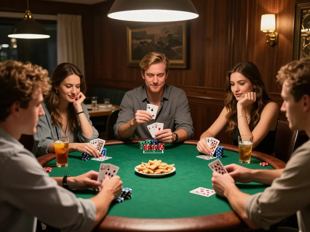 Bongdallu provides a vibrant poker night scene with friends enjoying strategic play while stacking chips.