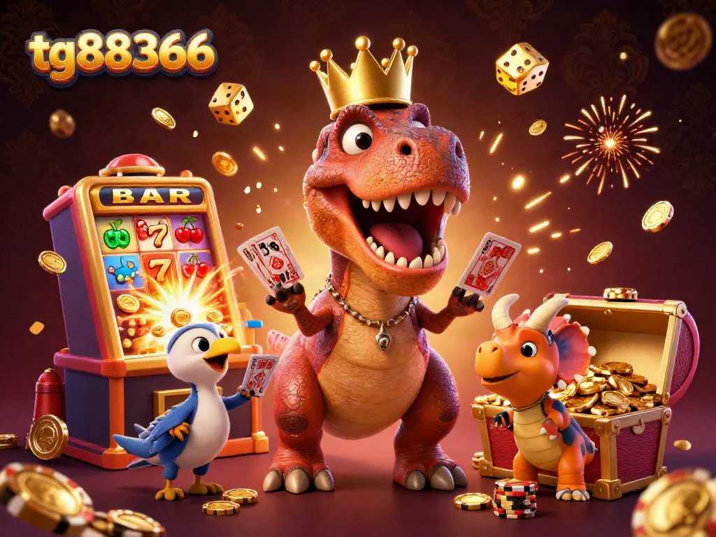 Experience thrilling moments at tg88366 with cartoon dinosaurs playing casino games and celebrating a jackpot.