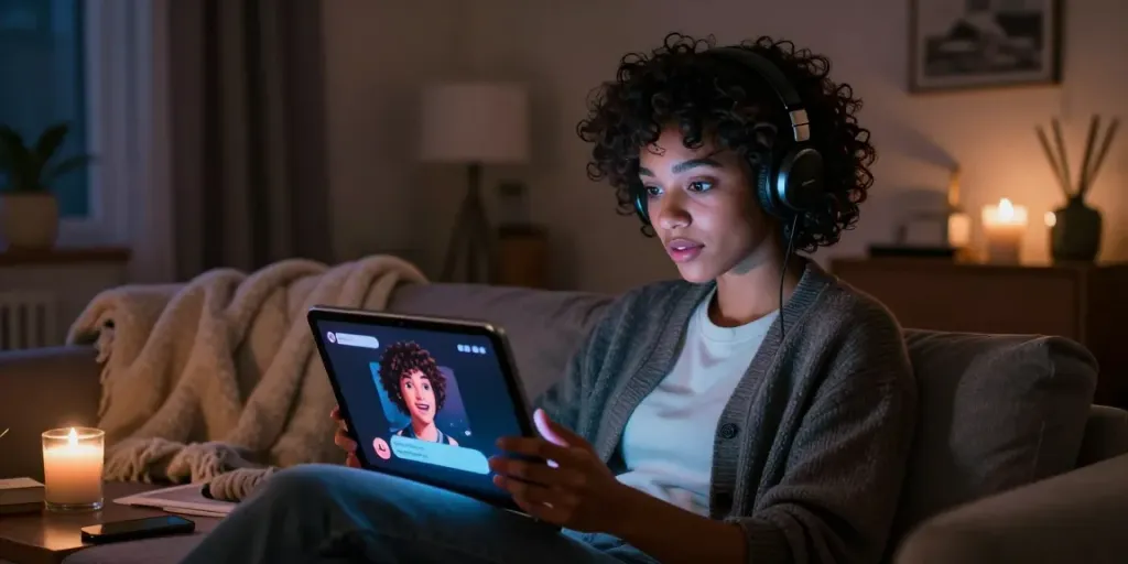 AI chat porn interaction with a vibrant character in a cozy room.