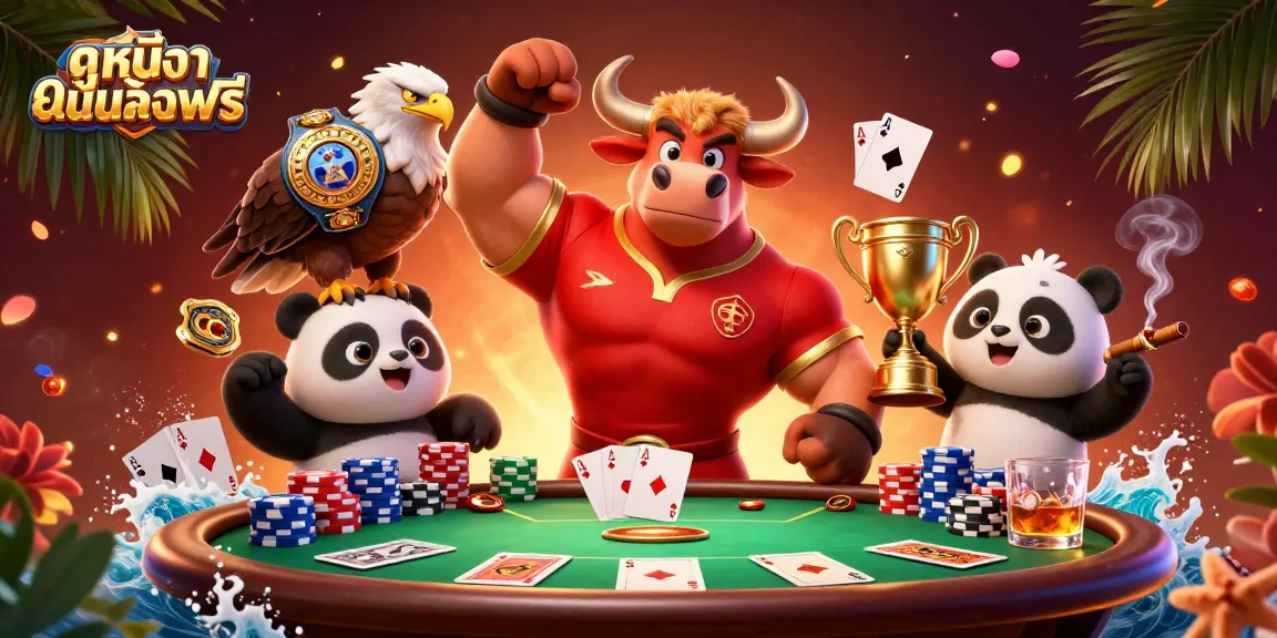 Engage with ดูหนังออนไลน์ฟรี as the bull mascot triumphs at a vibrant poker table surrounded by lively elements.