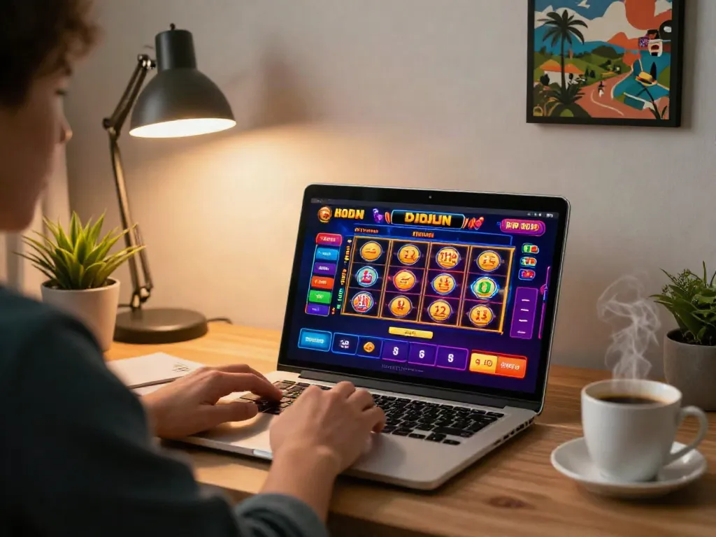 Person exploring gambling sites not on GamStop in a vibrant home office.