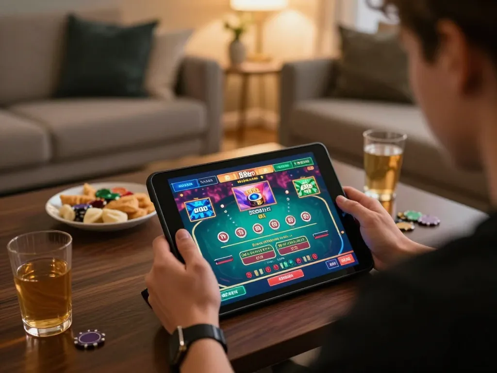 Engaging with 888bgo casino app while enjoying snacks at home gaming setup