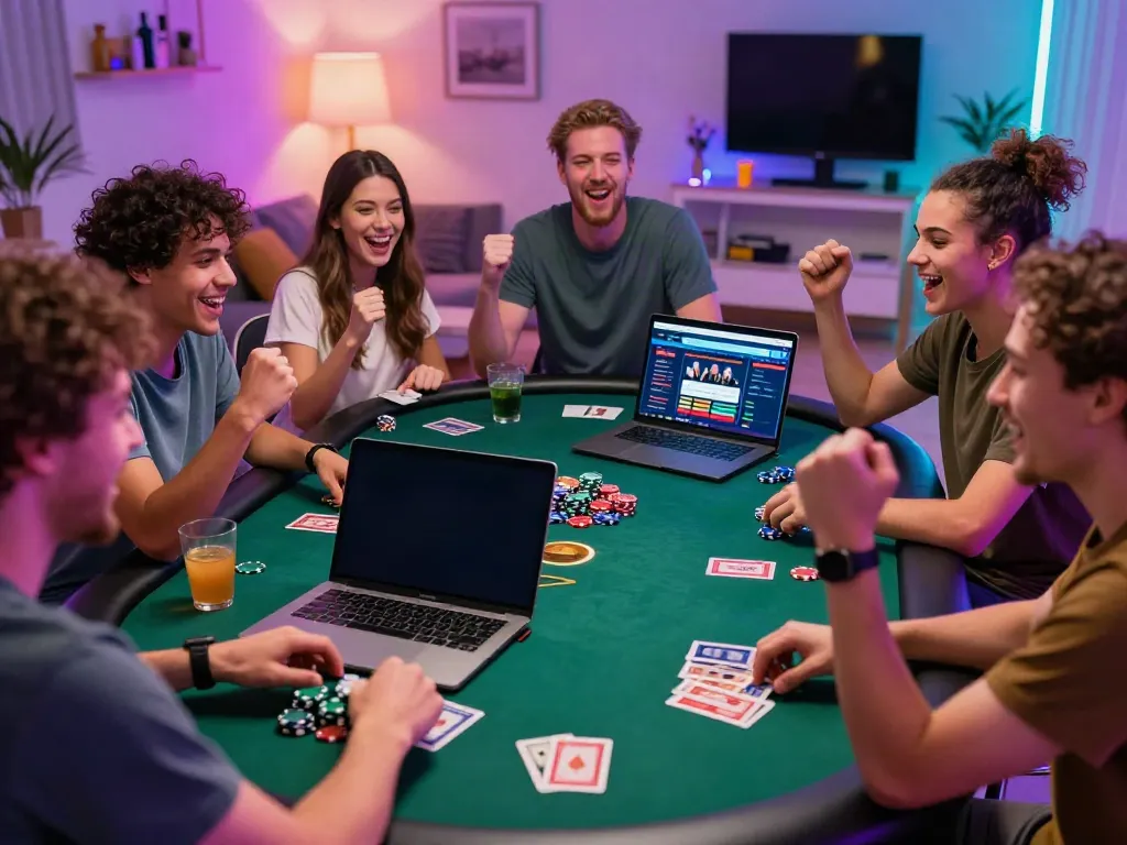 Excited friends enjoying gambling sites not on gamstop while playing poker online