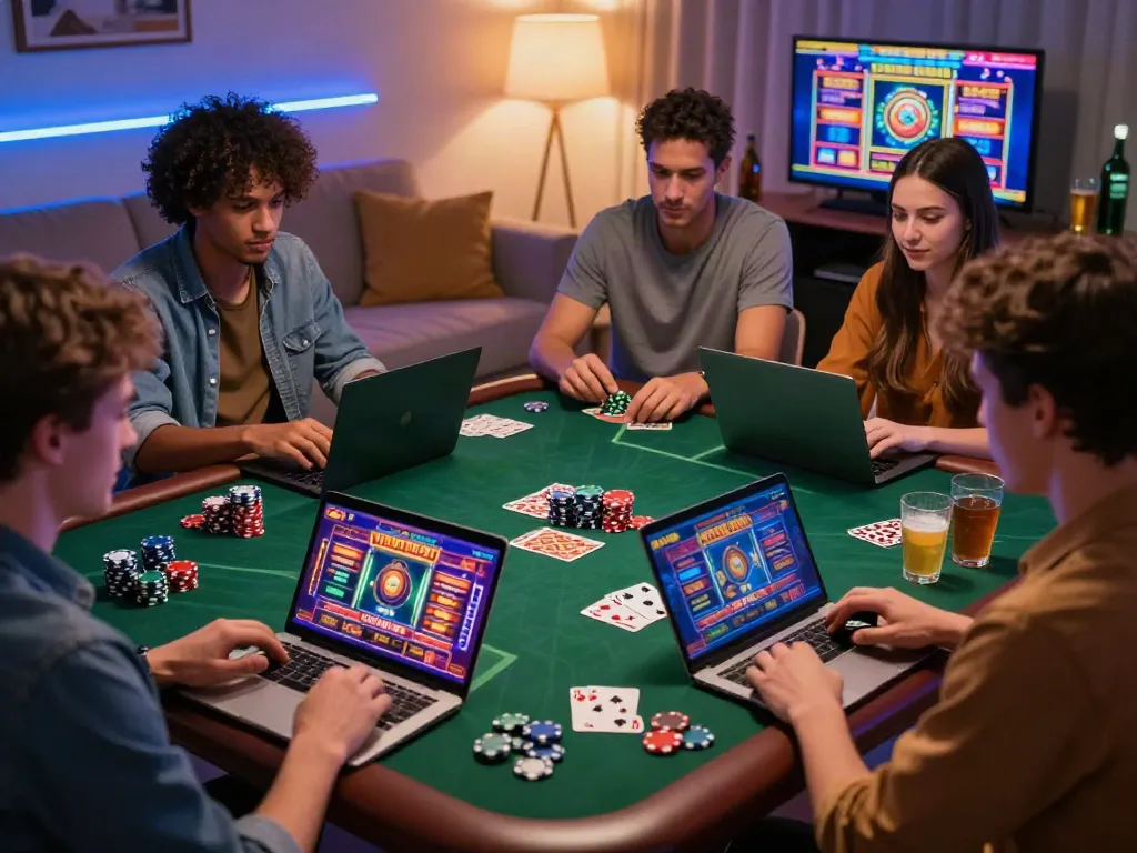Friends enjoying gambling sites not on gamstop in a cozy living room setting.