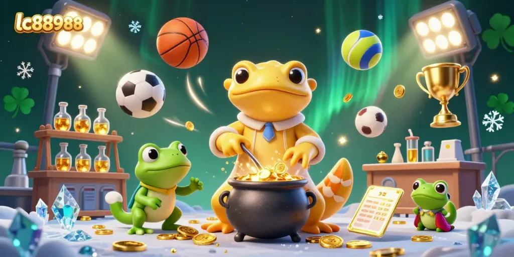 Engage in spirited soccer betting at lc88988, featuring a dynamic scene with golden salamander and energetic characters.