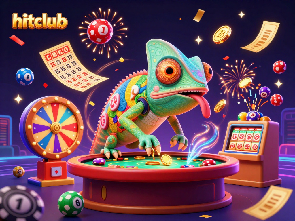 Hitclub's chameleon casino owner celebrates wins with a dynamic 3D illustration of vibrant gaming elements.