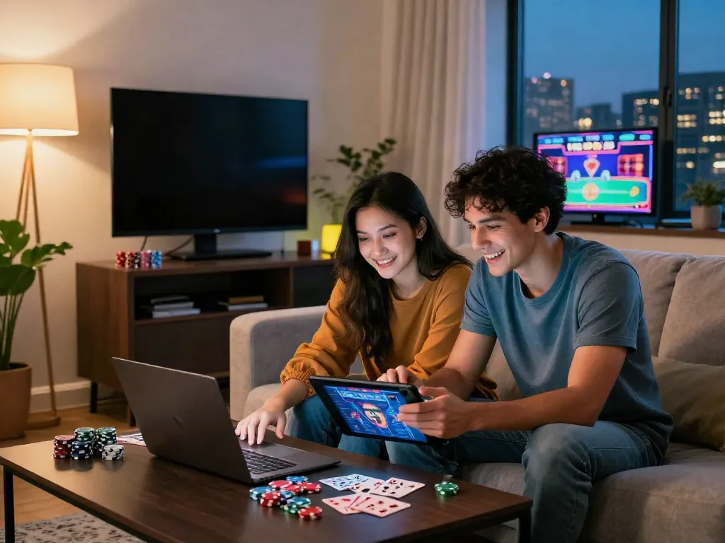 Engaging couple exploring gambling sites not on gamstop in a cozy living room.