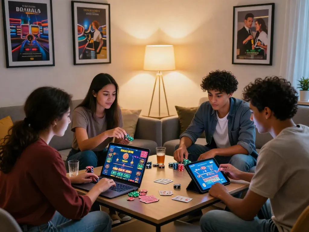 Group enjoying gaming at gambling sites not on GamStop in a cozy living room.