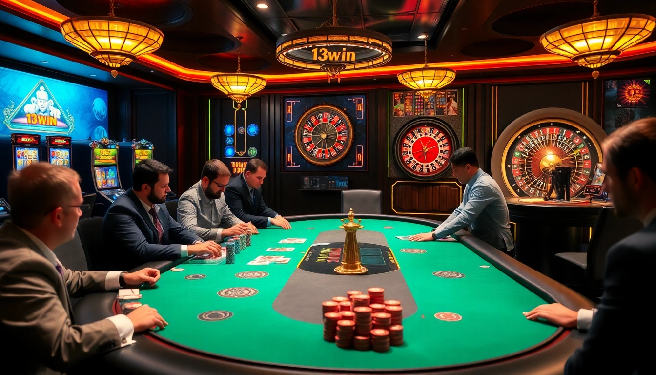 Experience high-stakes gaming action at the 13win casino poker table with vibrant chips and cards.