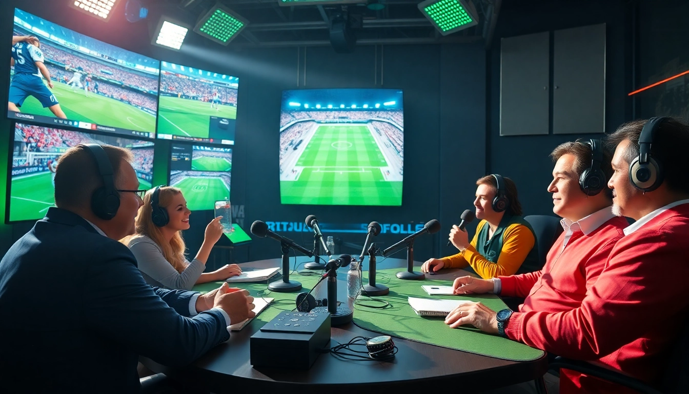 Engaging sports broadcasting studio where hosts share insights, featuring vibrant screens and equipment.